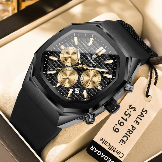 Poedagar 893 Men's Luxury Chronograph Quartz Watch – Silicone Strap, Waterproof, Luminous, Date