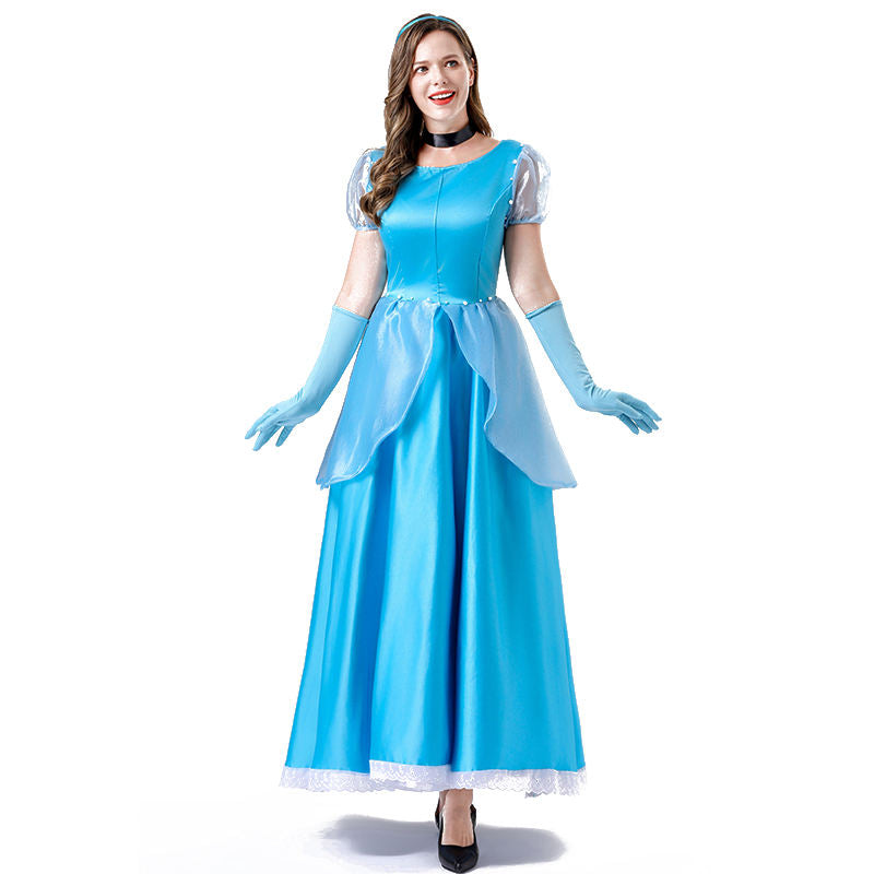 Blue Masquerade Princess Gown costume by Mcroons, featuring flowing fabric and elegant design for costume parties.