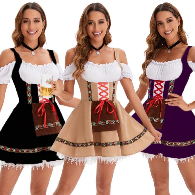 Off-shoulder beer maid corset dress costume by Mcroons featuring a fitted black and white maid-inspired design with ruffles.