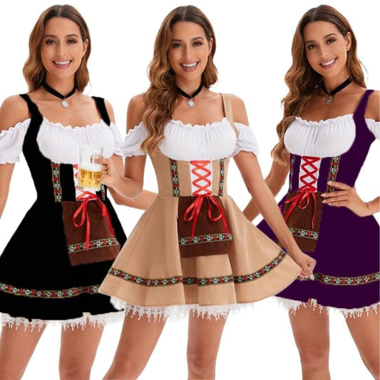Off-shoulder beer maid corset dress costume by Mcroons featuring a fitted black and white maid-inspired design with ruffles.