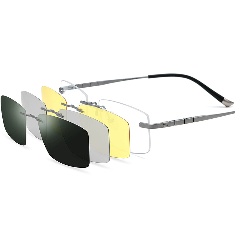 Titanium Rimless Glasses Frame with Magnetic Clip-On Lenses - Silver - MCROONS
