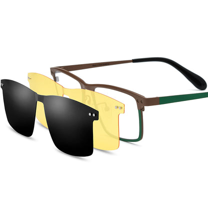 Titanium Rimless Optical Glasses Frame with Magnetic Clip-On Sunglasses - Brown Green - MCROONS