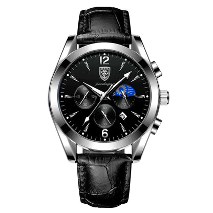 Poedagar 8298 Men's Sport Chronograph Quartz Watch – Leather Strap, Waterproof, Luminous, Date