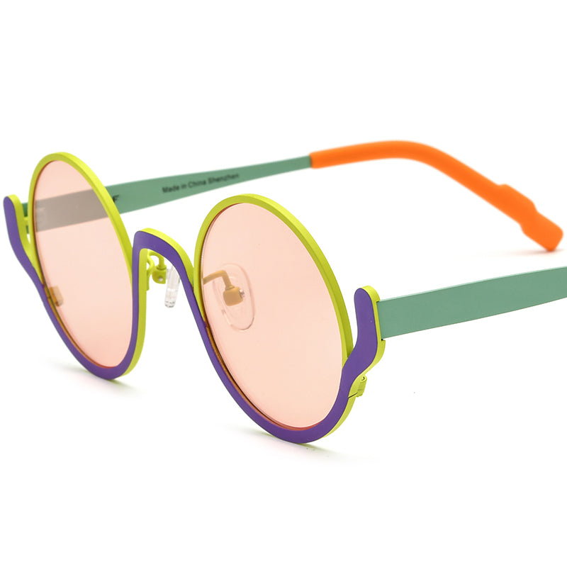 Colourful Titanium Round Polarised Sunglasses - Green Purple Frame Pink Lens - MCROONS