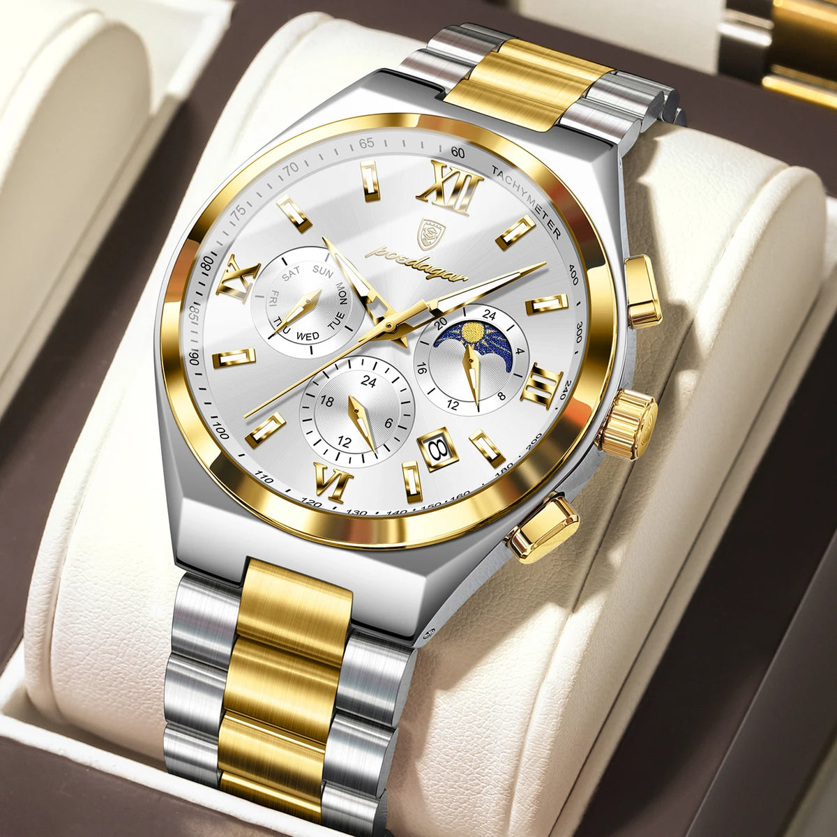 Poedagar 688 Men's Luxury Chronograph Quartz Watch – Stainless Steel Band, Waterproof, Luminous, Date