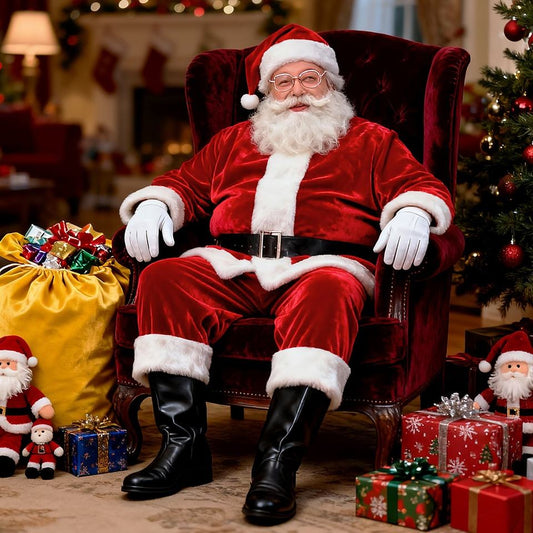 Men's Santa suit costume by Mcroons featuring a 7-piece set with hat, gloves, belt, and beard for Christmas dressing.