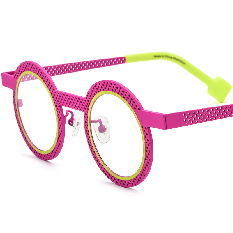 Matte Titanium Hollow-Out Round Optical Glasses Frame - Matte Pink Red - MCROONS