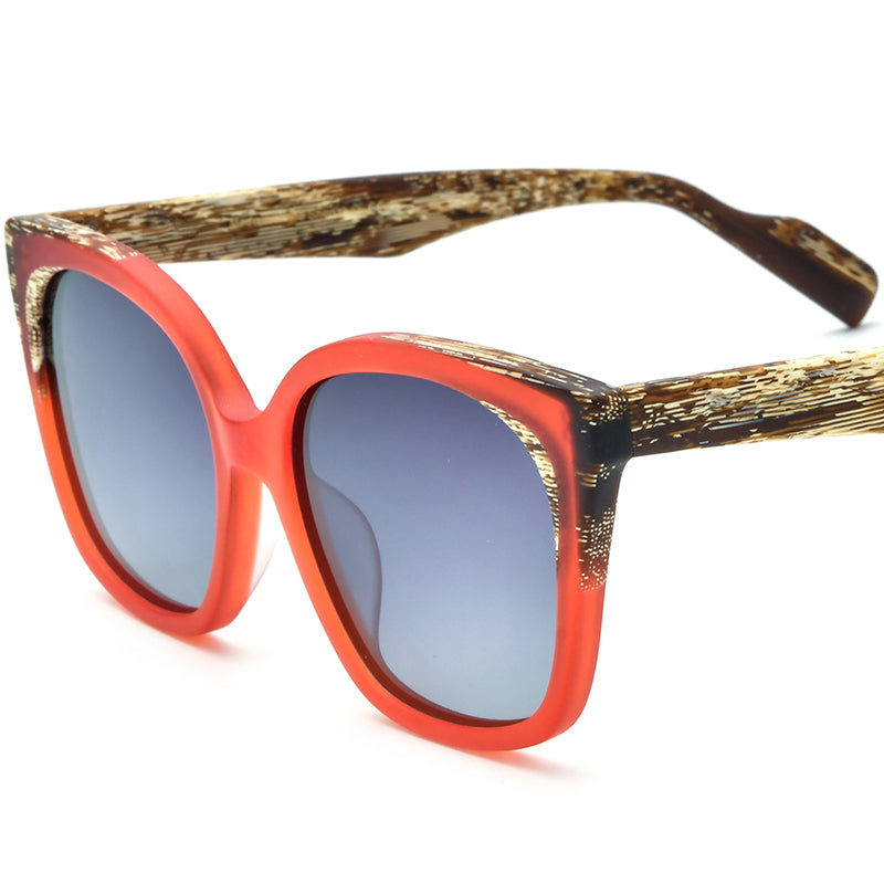 Retro Oversized Cat Eye Matte Acetate Polarized Sunglasses UV400 - Matte Red Gradient Gray Lens - MCROONS