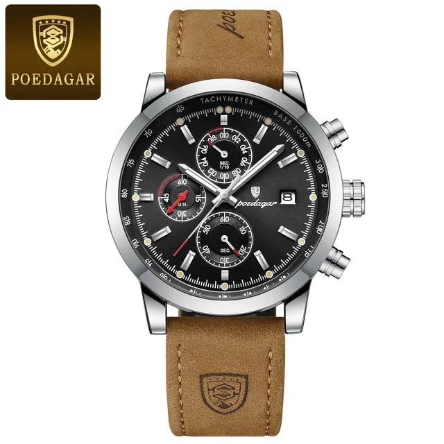Poedagar 932 Men's Luxury Chronograph Quartz Watch – Leather Strap, Waterproof, Luminous, Date