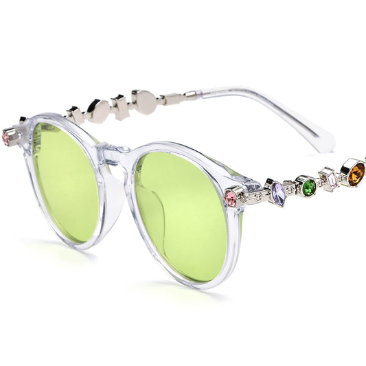 Luxury Round Acetate Polarized Sunglasses with Gem Trim UV400 - Transparent Green Lens - MCROONS