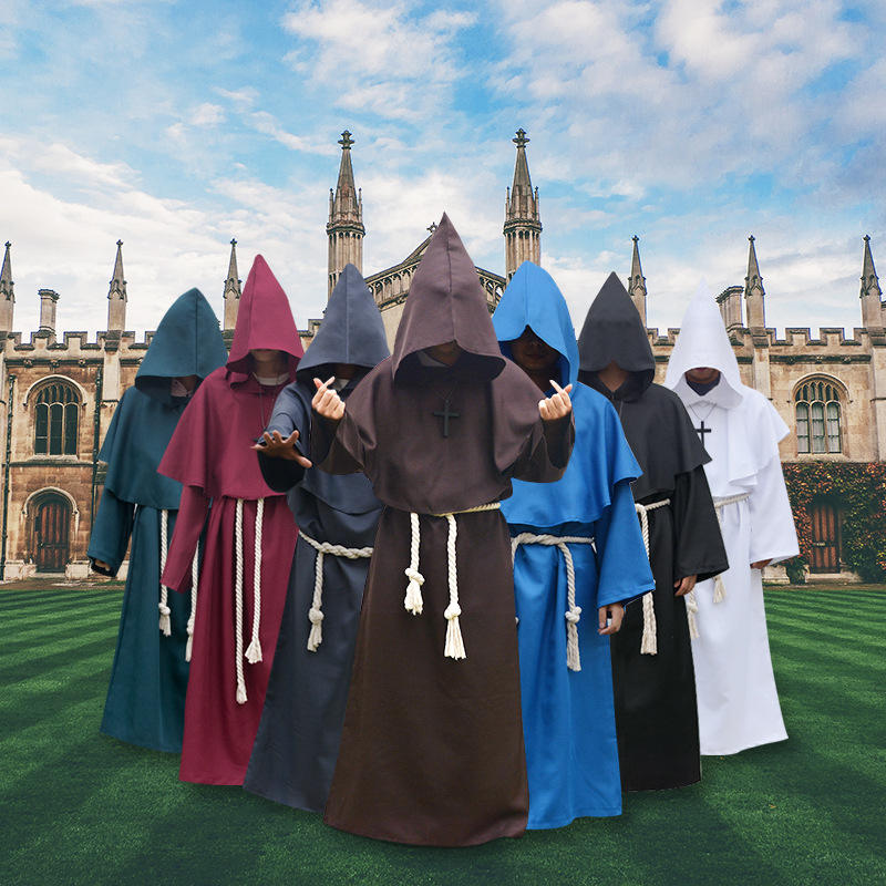 Death Wizard Priest Robe costume by Mcroons, featuring dark, flowing fabric with mystical designs and hood for fantasy role-play.