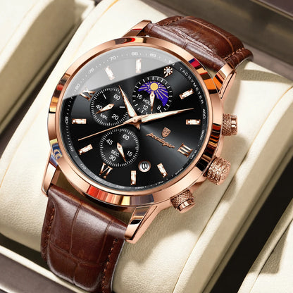 Poedagar 882 Men's Luxury Chronograph Quartz Watch – Leather Strap, Waterproof, Luminous, Date