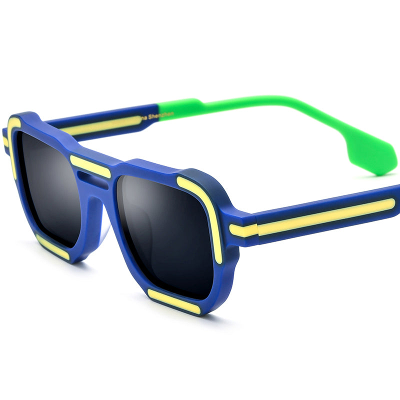 Vintage Square Matte Acetate Polarized Sunglasses - Matte Blue Yellow Gray Lens - MCROONS
