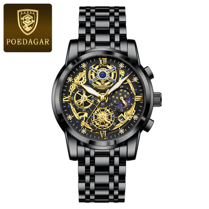 Poedagar 984 Men's Luxury Chronograph Quartz Watch – Stainless Steel Band, Waterproof, Luminous, Date