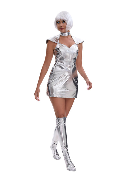 Silver metallic space futuristic Halloween costume by MCROONS featuring shiny fabric and sci-fi inspired design.