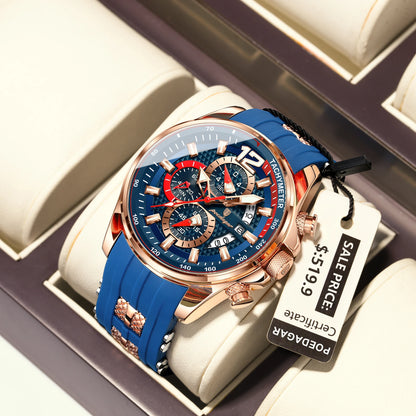 Poedagar 898 Men's Luxury Chronograph Quartz Watch – Silicone Strap, Waterproof, Luminous, Date