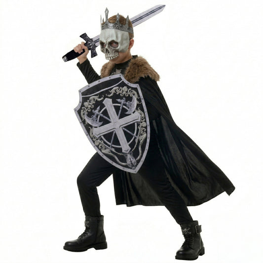 Skeleton Knight boys Halloween costume with cloak, mask, and sword by MCROONS, featuring a detailed skeleton armor design.