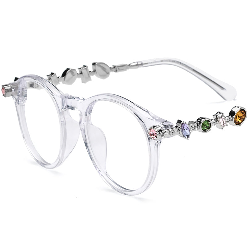 Luxury Round Acetate Optical Glasses Frame with Gem Trim - Transparent - MCROONS