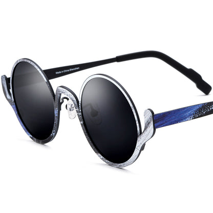 Multicolour Print Titanium Round Polarised Sunglasses - Black - MCROONS