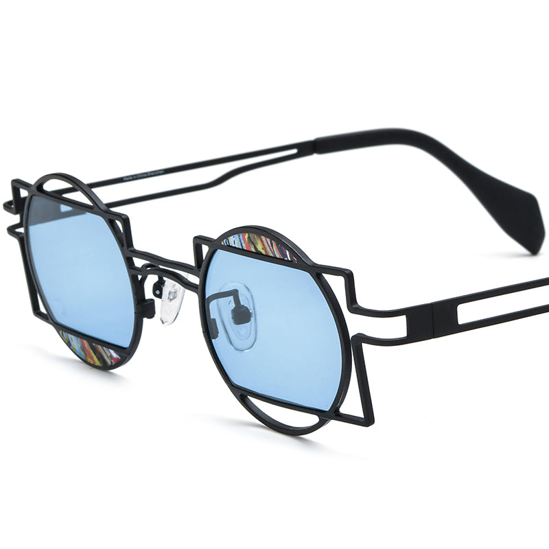 Retro Geometric Titanium Polarized Sunglasses UV400 - MCROONS - Colorful Black Blue Lens