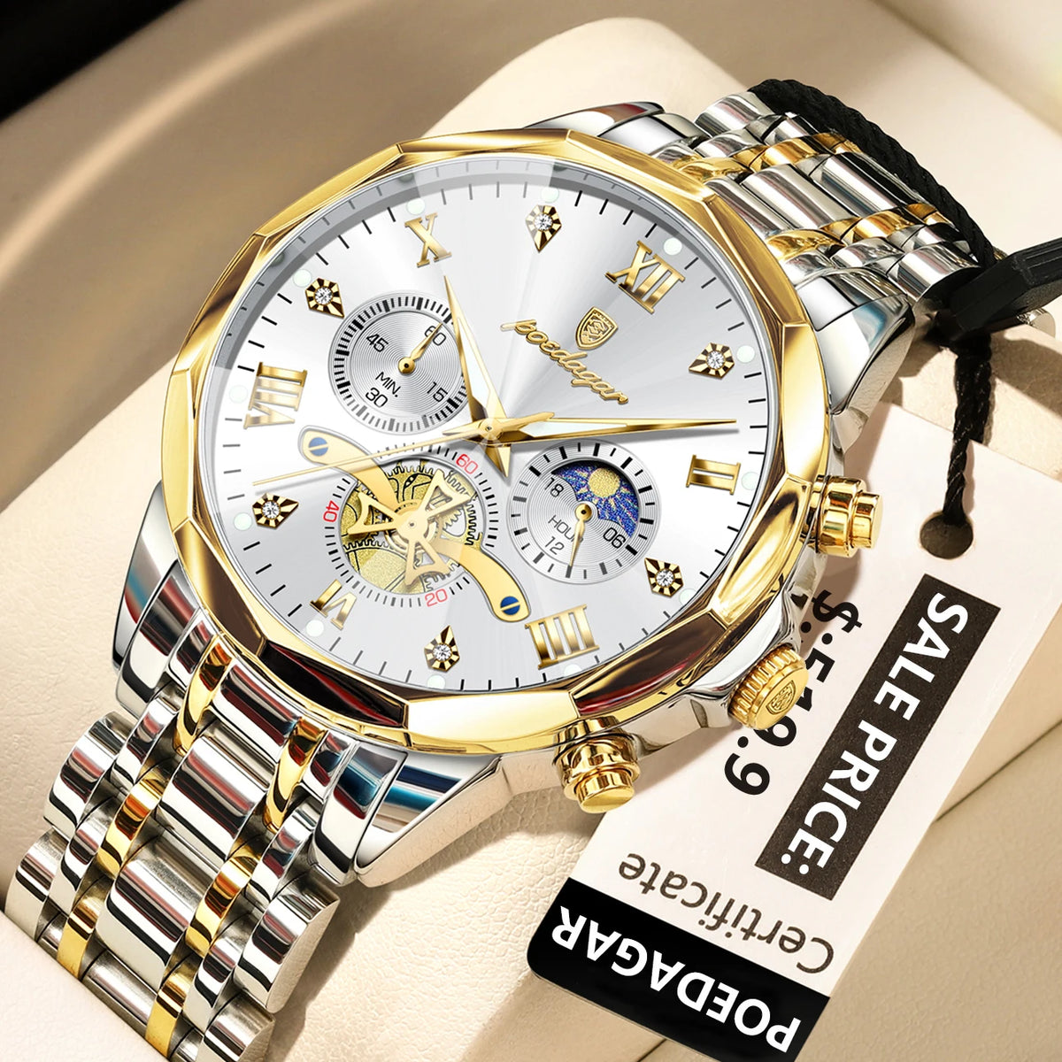 Poedagar 938 Men's Luxury Chronograph Quartz Watch – Stainless Steel Band, Waterproof, Luminous