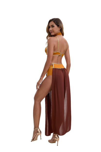Egyptian Ancient Queen Goddess Halloween costume by MCROONS featuring gold accents and regal attire for women.