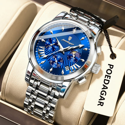 Poedagar 813 Men's Luxury Chronograph Quartz Watch – Stainless Steel Band, Waterproof, Luminous, Date