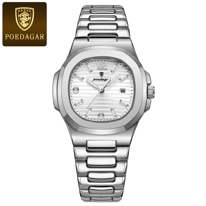 Poedagar 708 Women's Luxury Quartz Watch – Stainless Steel Band, Waterproof, Luminous, Date
