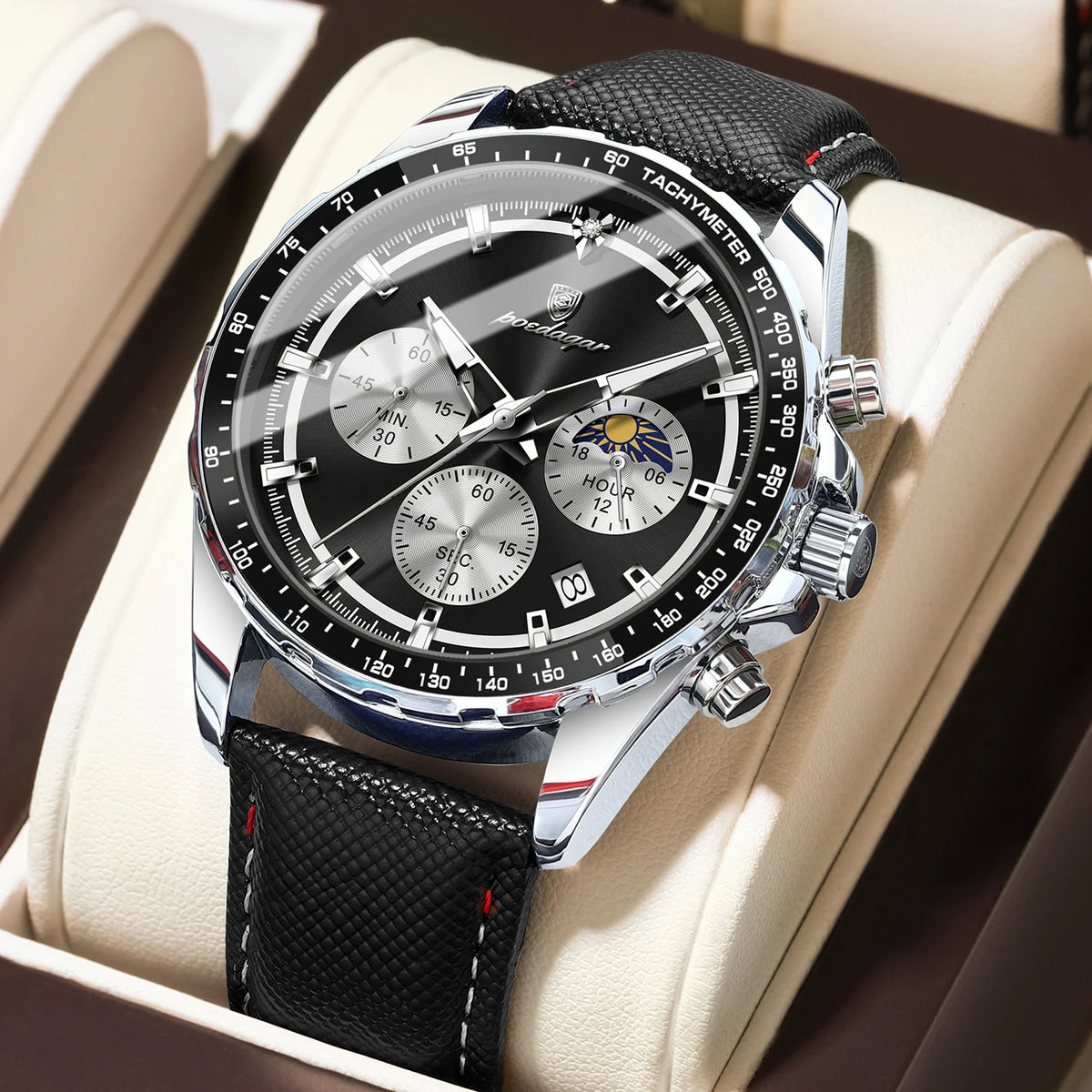 Poedagar 879 Men's Luxury Chronograph Quartz Watch – Leather Strap, Waterproof, Luminous, Date