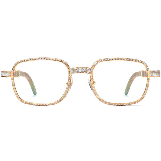 Crystal-Paved Wood Square Optical Glasses Frame - MCROONS - Front View
