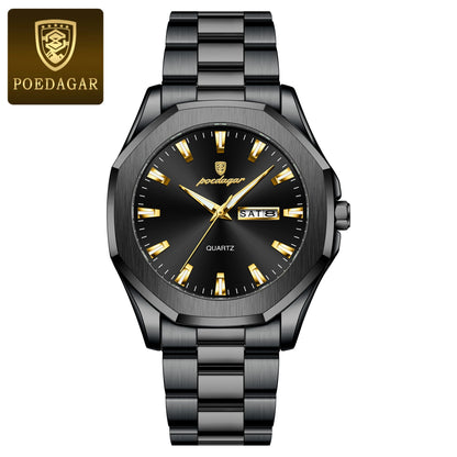 Poedagar 875 Men's Luxury Quartz Watch – Stainless Steel Band, Waterproof, Luminous, Date