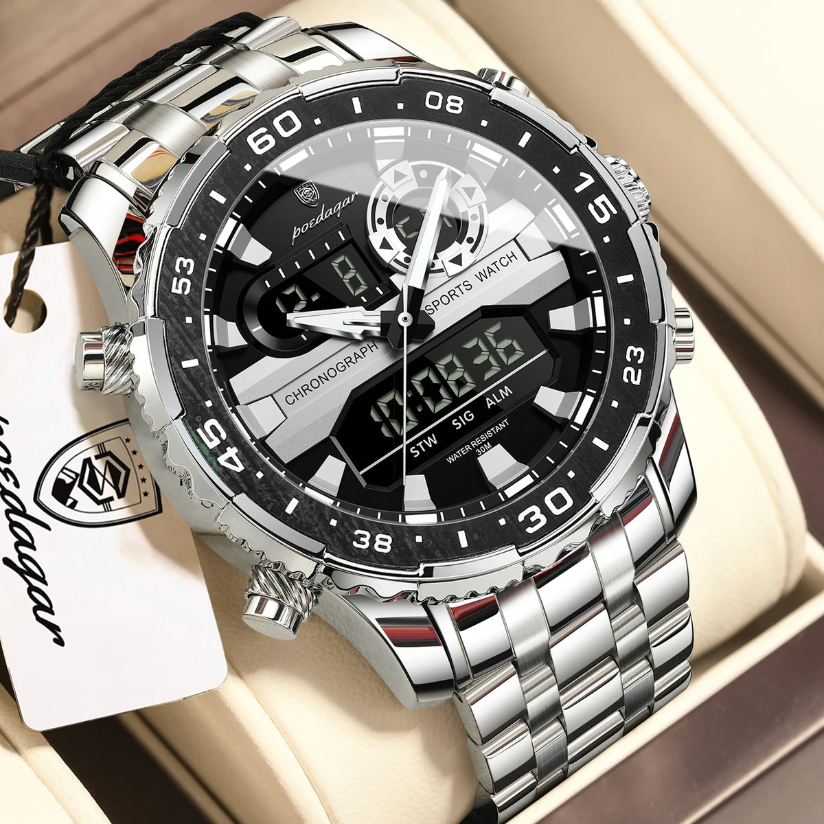 Poedagar E122 Men's Luxury Chronograph Quartz Watch – Stainless Steel Band, Waterproof, Luminous, Date