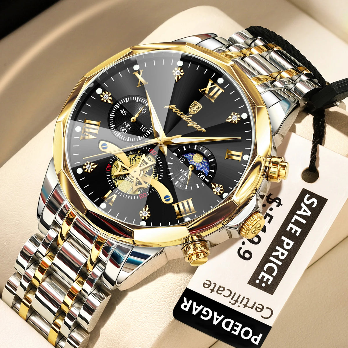 Poedagar 938 Men's Luxury Chronograph Quartz Watch – Stainless Steel Band, Waterproof, Luminous