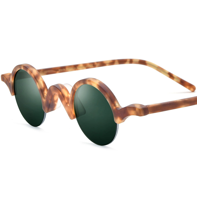 Vintage Small Round Acetate Half-Rim Sunglasses UV400 - Matte Leopard Dark Green Lens - MCROONS