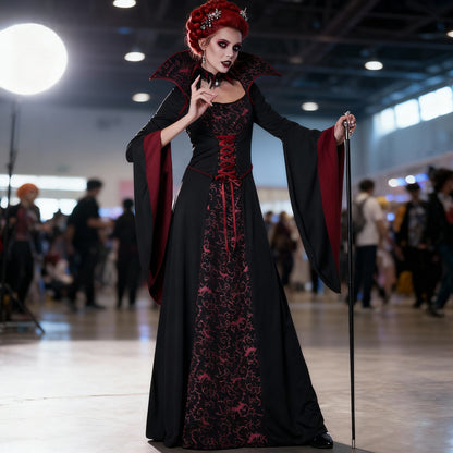 Dark Vampire Queen vintage court gown Halloween costume by MCROONS featuring a flowing black and red dress with dramatic lace details.