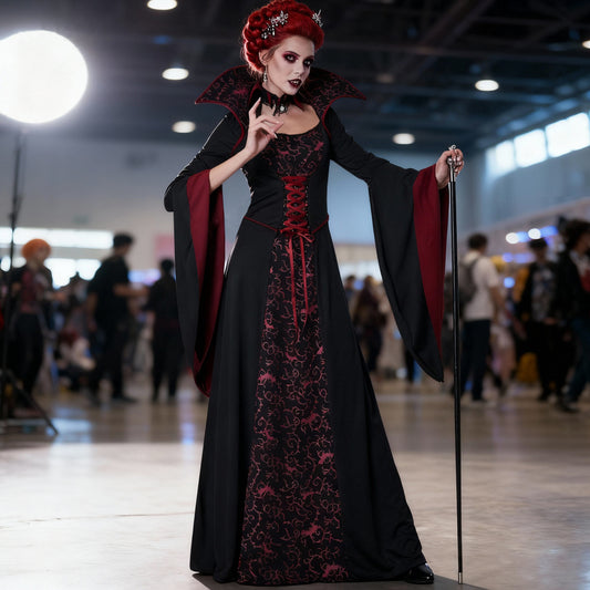Dark Vampire Queen vintage court gown Halloween costume by MCROONS featuring a flowing black and red dress with dramatic lace details.