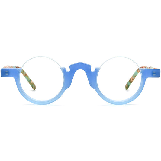 Colour-Block Semi-Rimless Round Acetate Optical Glasses Frame - MCROONS - Blue front view