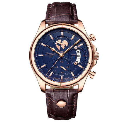 Poedagar 989 Men's Luxury Chronograph Quartz Watch – Leather Strap, Waterproof, Luminous, Date