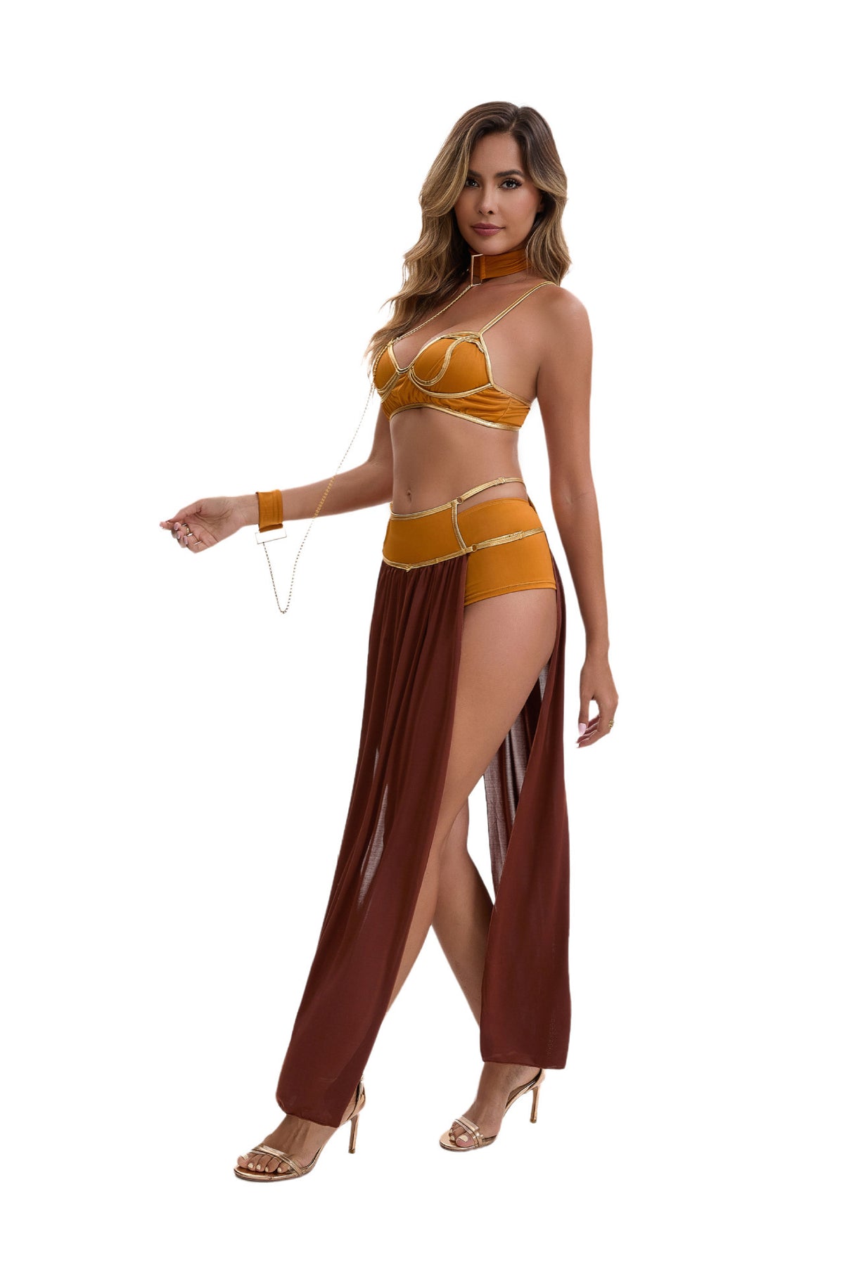 Egyptian Ancient Queen Goddess Halloween costume by MCROONS featuring gold and blue regal attire with headpiece and cape.