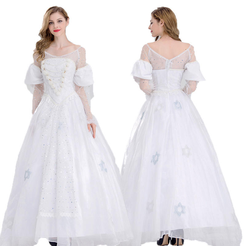 White Queen Wonderland costume dress by Mcroons featuring a regal design with a fitted bodice and flowing skirt.