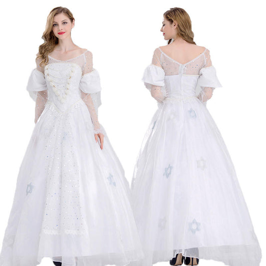 White Queen Wonderland costume dress by Mcroons featuring a regal design with a fitted bodice and flowing skirt.
