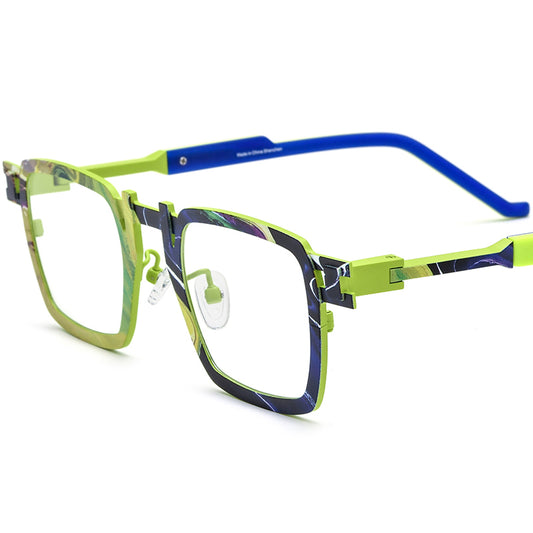 Colourful Print Titanium Square Optical Frame Fashion - Green Blue - MCROONS