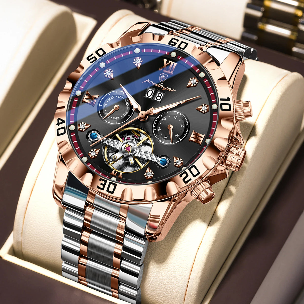 Poedagar 1418 Men's Luxury Automatic Mechanical Watch – Stainless Steel Band, Waterproof, Luminous, Date