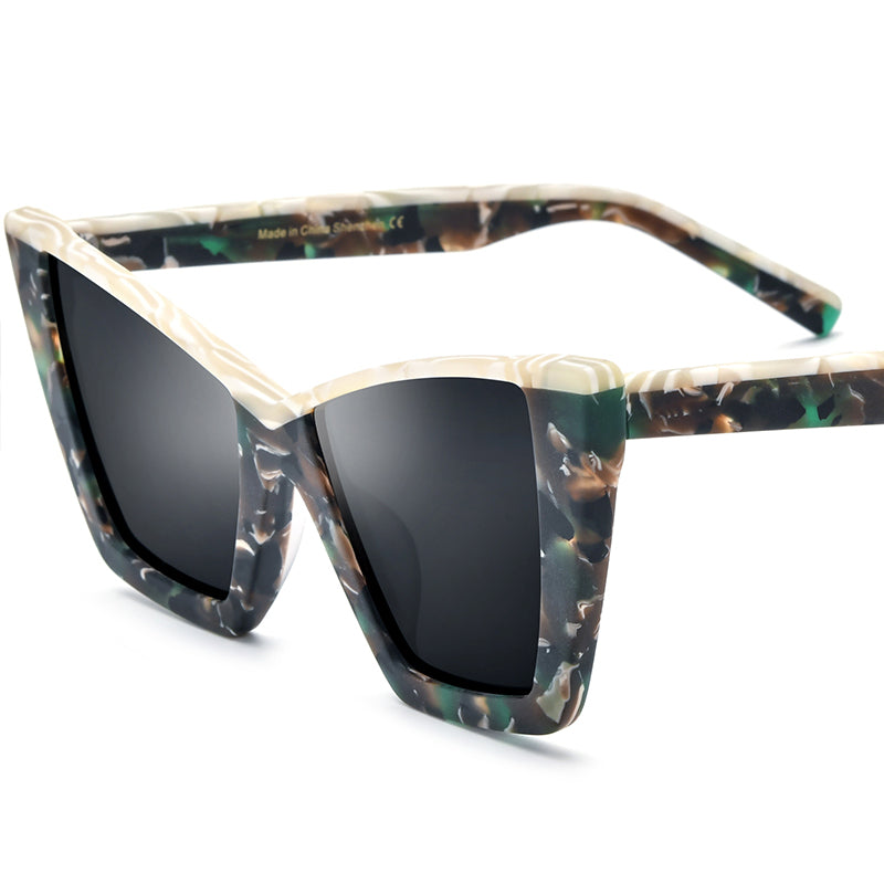 Retro Oversized Cat Eye Matte Acetate Polarized Sunglasses UV400 - Matte Green Gray Lens - MCROONS