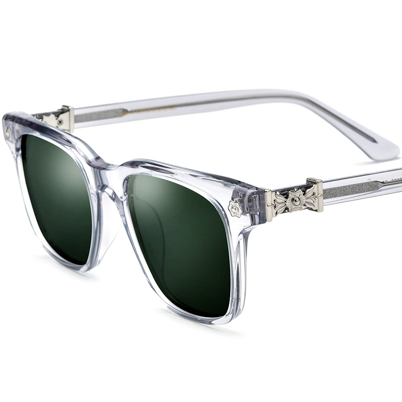 Vintage Square Acetate Polarized Sunglasses UV400 - Transparent Gray Dark Green Lens - MCROONS