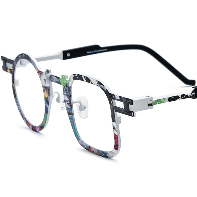 Colourful Print Titanium Square Optical Glasses Frame - White - MCROONS