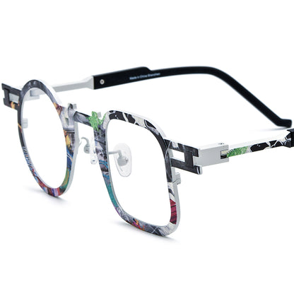 Colourful Print Titanium Square Optical Glasses Frame - White - MCROONS