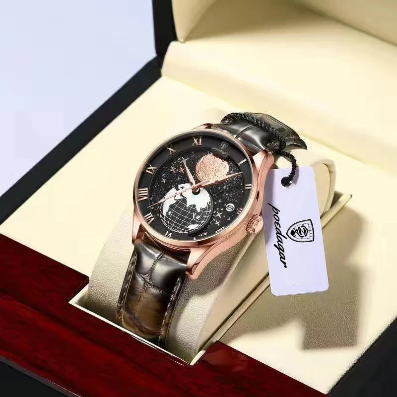 Poedagar 803 Men's Luxury Quartz Watch – Leather Strap, Waterproof, Luminous, Date