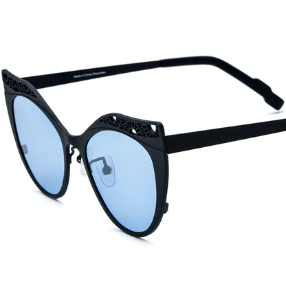 Colourful Titanium Hollow-Out Cat Eye Polarised Sunglasses - Black Frame Blue Lens - MCROONS