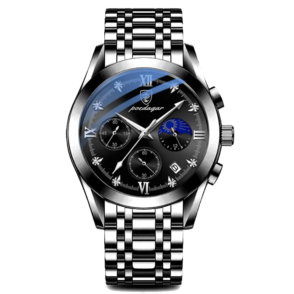 Poedagar 8068 Men's Luxury Quartz Watch – Stainless Steel Band, Waterproof, Luminous, Date